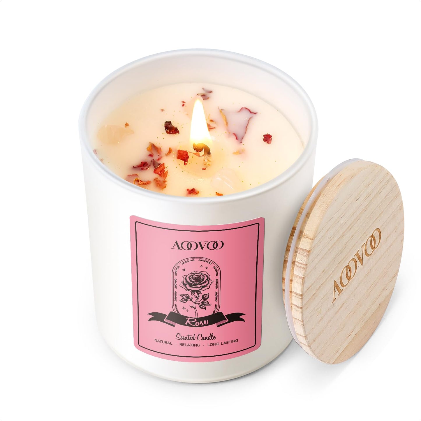 AOOVOO Rose Scented Candle for Women – 7oz Soy + Crystals Inside