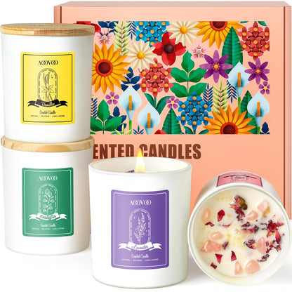 AOOVOO 40oz Soy Candles with Crystals – Rose, Vanilla, Eucalyptus & Lavender Aromatherapy Gift Set for Women