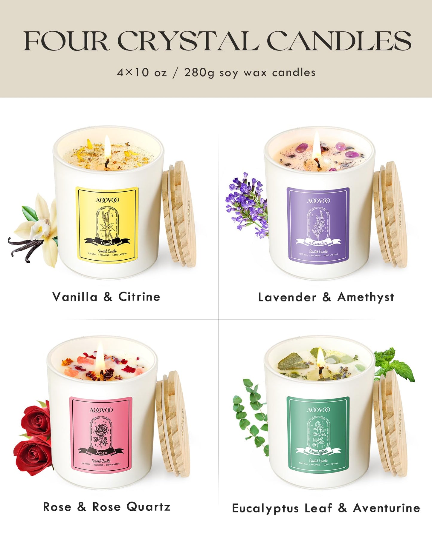 AOOVOO 40oz Soy Candles with Crystals – Rose, Vanilla, Eucalyptus & Lavender Aromatherapy Gift Set for Women