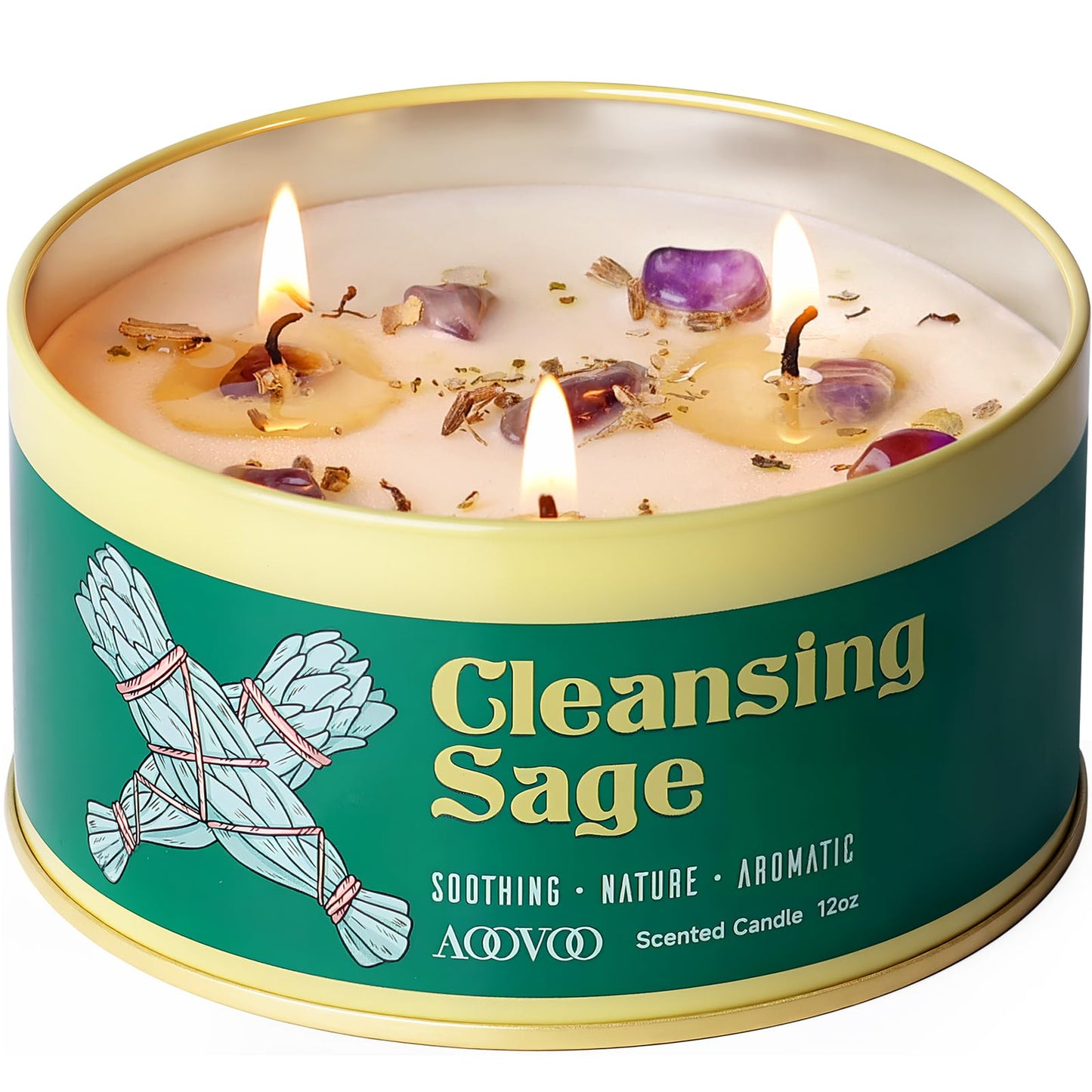 AOOVOO Sage Candle – 3-Wick 12oz Soy with Crystals & Sage Leaves for Cleansing