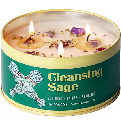 AOOVOO Sage Candle – 3-Wick 12oz Soy with Crystals & Sage Leaves for Cleansing