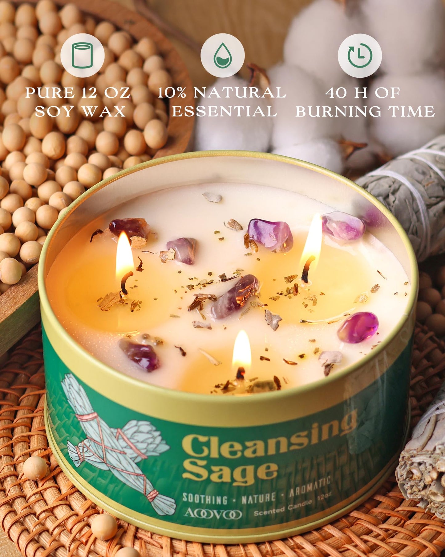 AOOVOO Sage Candle – 3-Wick 12oz Soy with Crystals & Sage Leaves for Cleansing