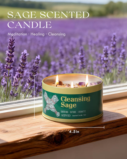 AOOVOO Sage Candle – 3-Wick 12oz Soy with Crystals & Sage Leaves for Cleansing