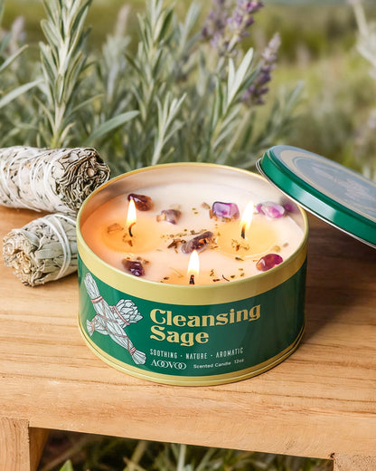 AOOVOO Sage Candle – 3-Wick 12oz Soy with Crystals & Sage Leaves for Cleansing