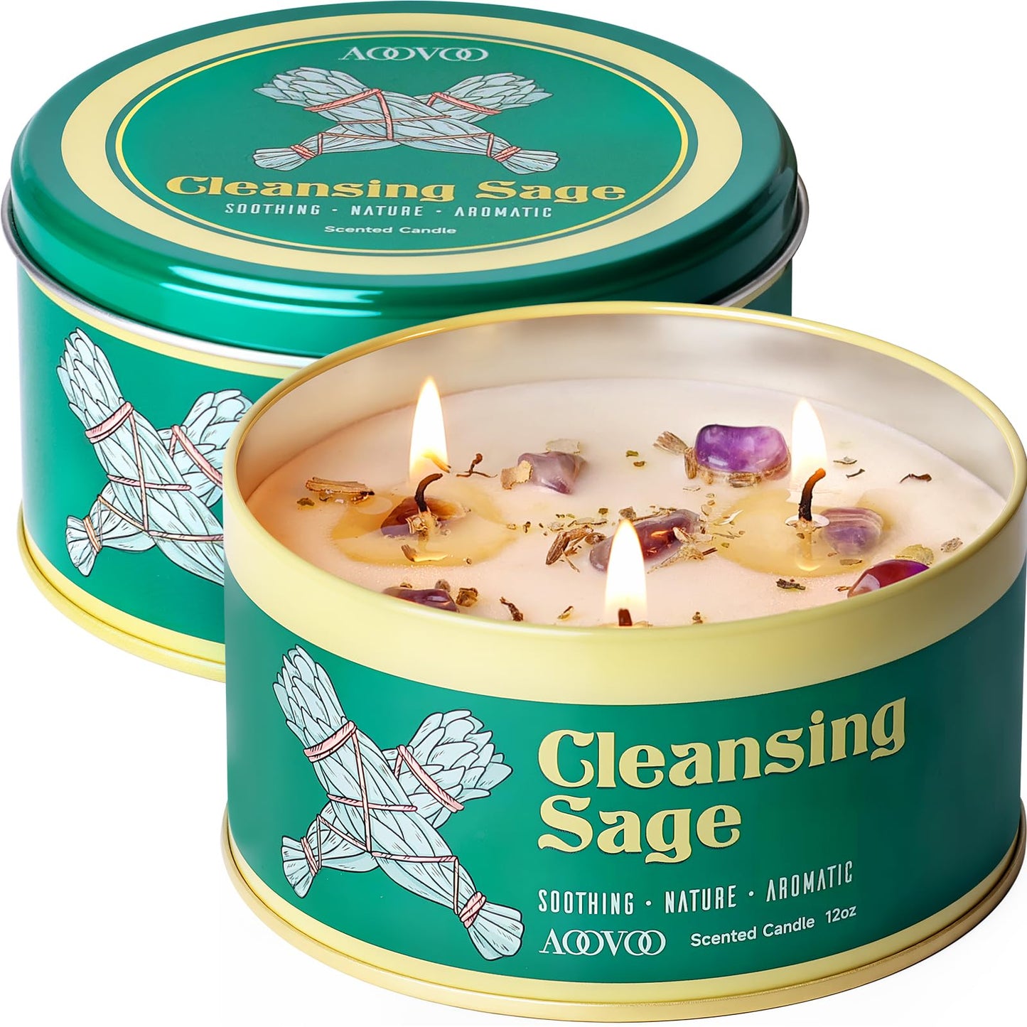 AOOVOO 2 Pack Sage Candle for Cleansing – 3 Wick 24oz Large Soy Candles with Crystals & Sage Leaves Inside, Non Toxic for Meditation & Aromatherapy