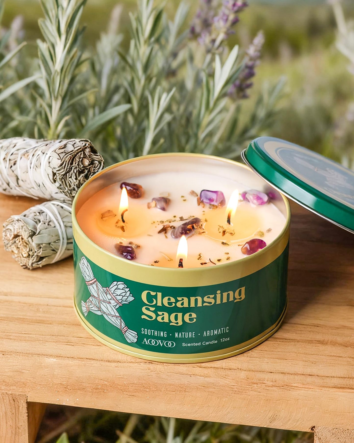 AOOVOO 2 Pack Sage Candle for Cleansing – 3 Wick 24oz Large Soy Candles with Crystals & Sage Leaves Inside, Non Toxic for Meditation & Aromatherapy