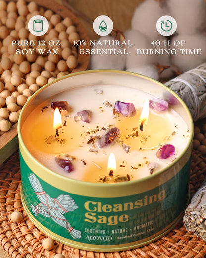 AOOVOO 2 Pack Sage Candle for Cleansing – 3 Wick 24oz Large Soy Candles with Crystals & Sage Leaves Inside, Non Toxic for Meditation & Aromatherapy