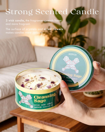 AOOVOO 2 Pack Sage Candle for Cleansing – 3 Wick 24oz Large Soy Candles with Crystals & Sage Leaves Inside, Non Toxic for Meditation & Aromatherapy