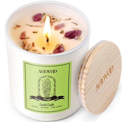 AOOVOO Sage Scented Candles for Women | 10oz Soy Aromatherapy Candle with Crystals Inside