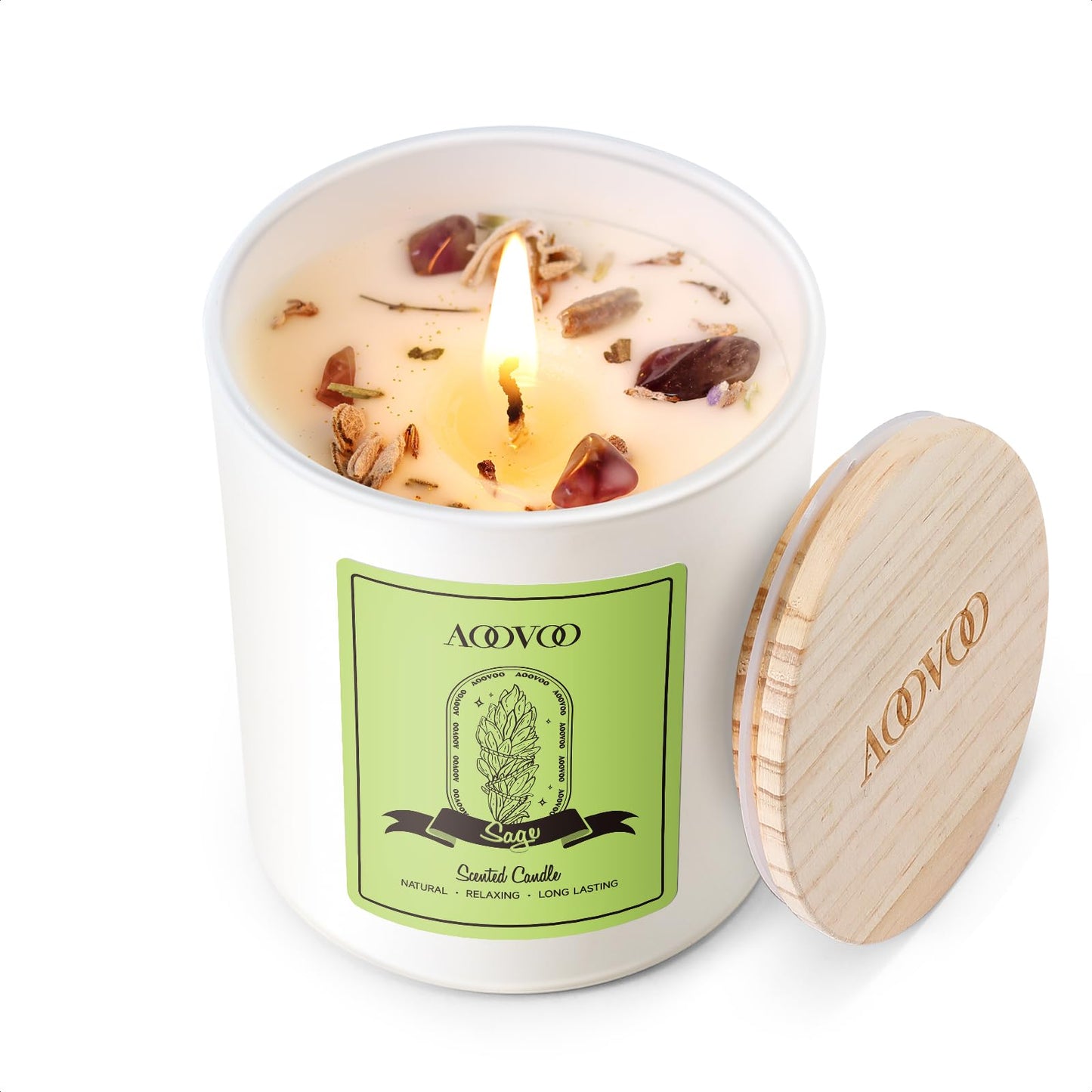 AOOVOO Sage Scented Candle for Women — 7oz Soy, Crystals Inside