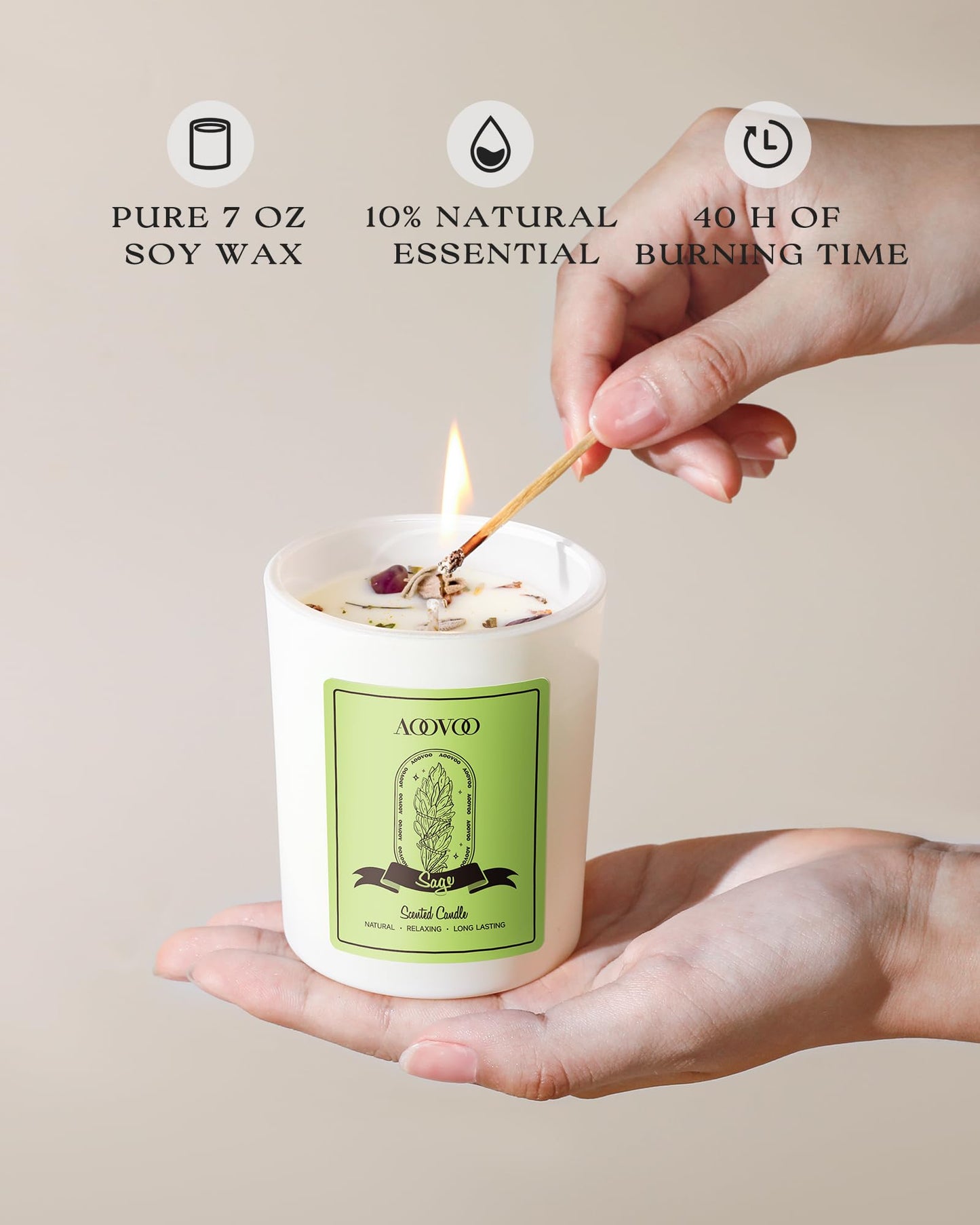 AOOVOO Sage Scented Candle for Women — 7oz Soy, Crystals Inside