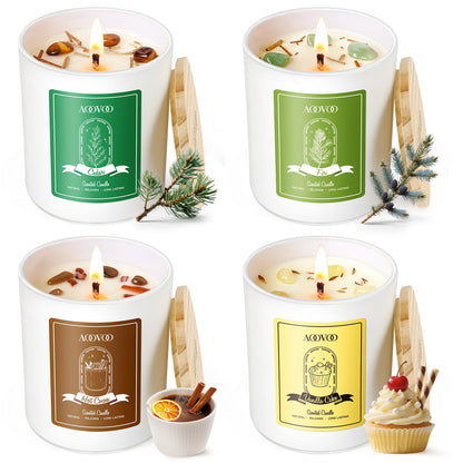 AOOVOO Winter Candles Set for Women – 4-Pack, 28 oz Total, Crystals & Dry Flowers, Cedarwood, Fir, Hot Cocoa, Vanilla Cake