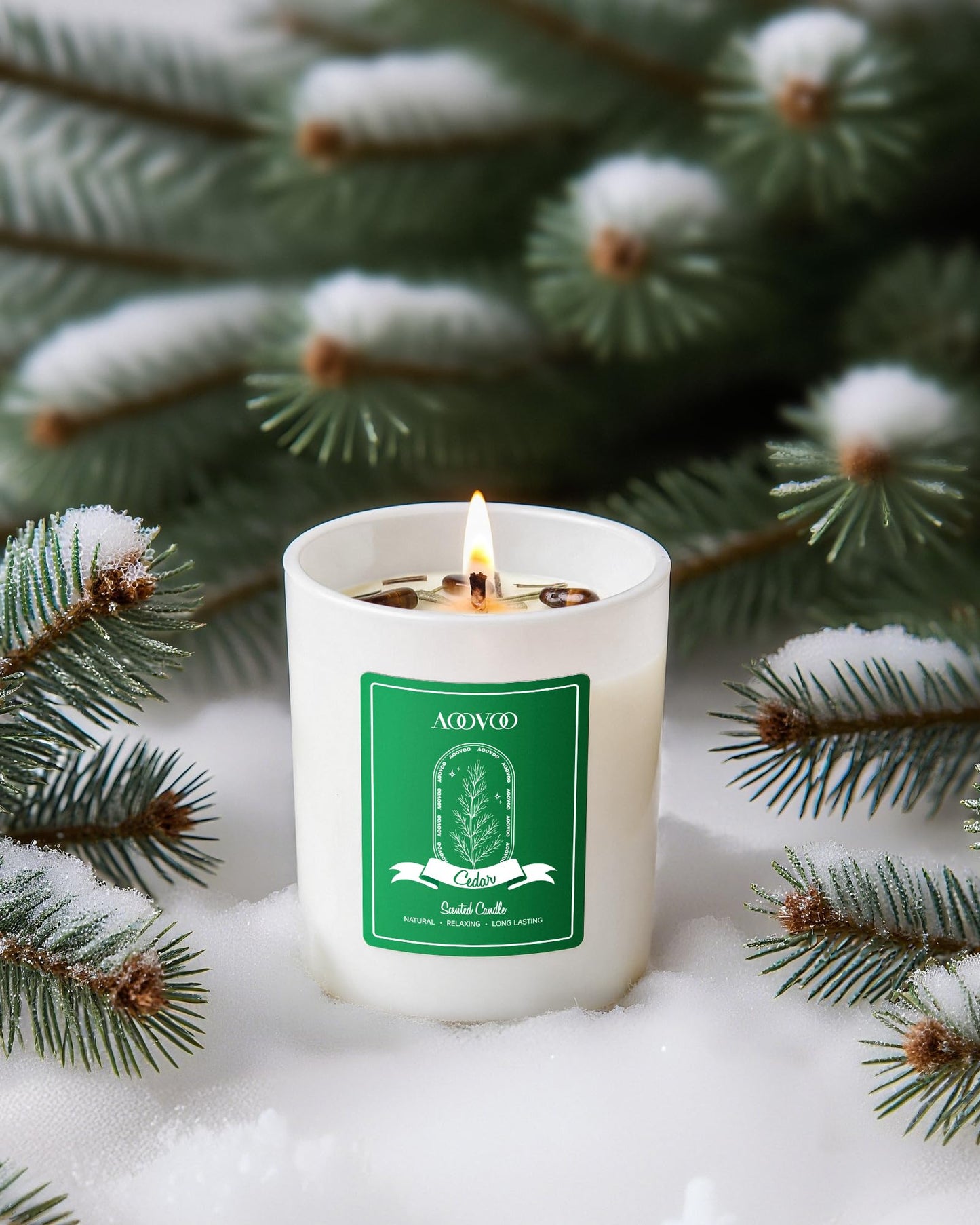 AOOVOO Winter Candles Set for Women – 4-Pack, 28 oz Total, Crystals & Dry Flowers, Cedarwood, Fir, Hot Cocoa, Vanilla Cake