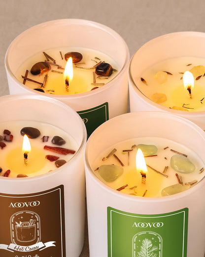 AOOVOO Winter Candles Set for Women – 4-Pack, 28 oz Total, Crystals & Dry Flowers, Cedarwood, Fir, Hot Cocoa, Vanilla Cake