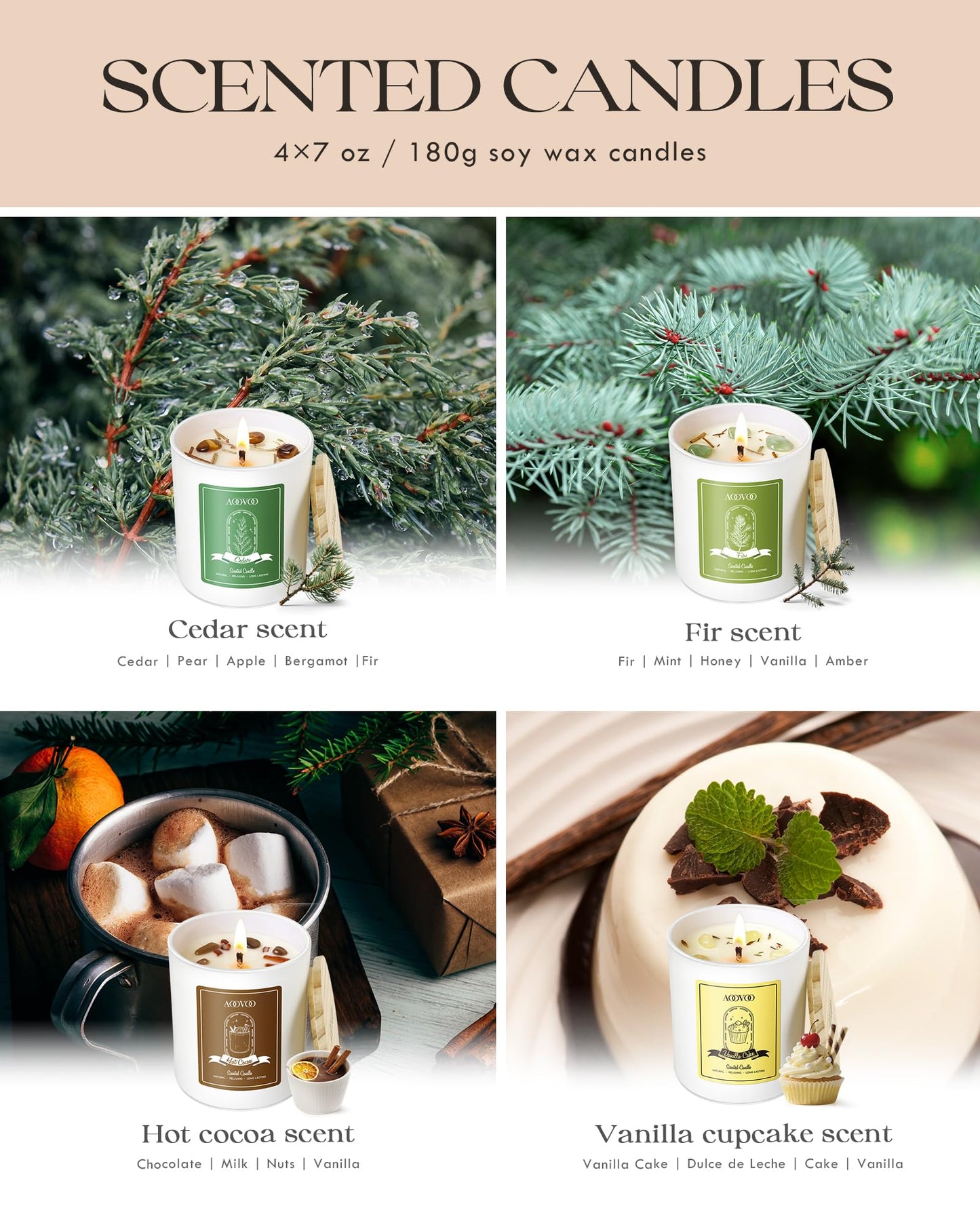 AOOVOO Winter Candles Set for Women – 4-Pack, 28 oz Total, Crystals & Dry Flowers, Cedarwood, Fir, Hot Cocoa, Vanilla Cake