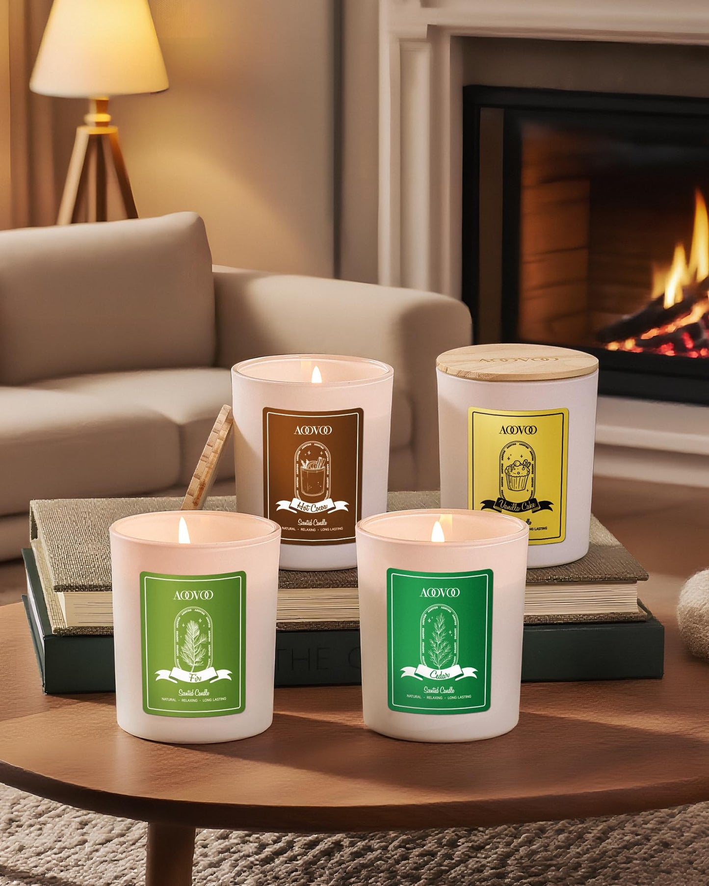 AOOVOO Winter Candles Set for Women – 4-Pack, 28 oz Total, Crystals & Dry Flowers, Cedarwood, Fir, Hot Cocoa, Vanilla Cake