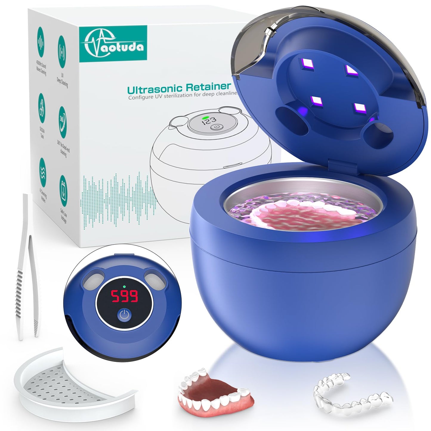 Aotuda 45kHz Ultrasonic Retainer Cleaner - 200ML Denture Cleaner, 4 Modes with Digital Timer (Navy Blue)