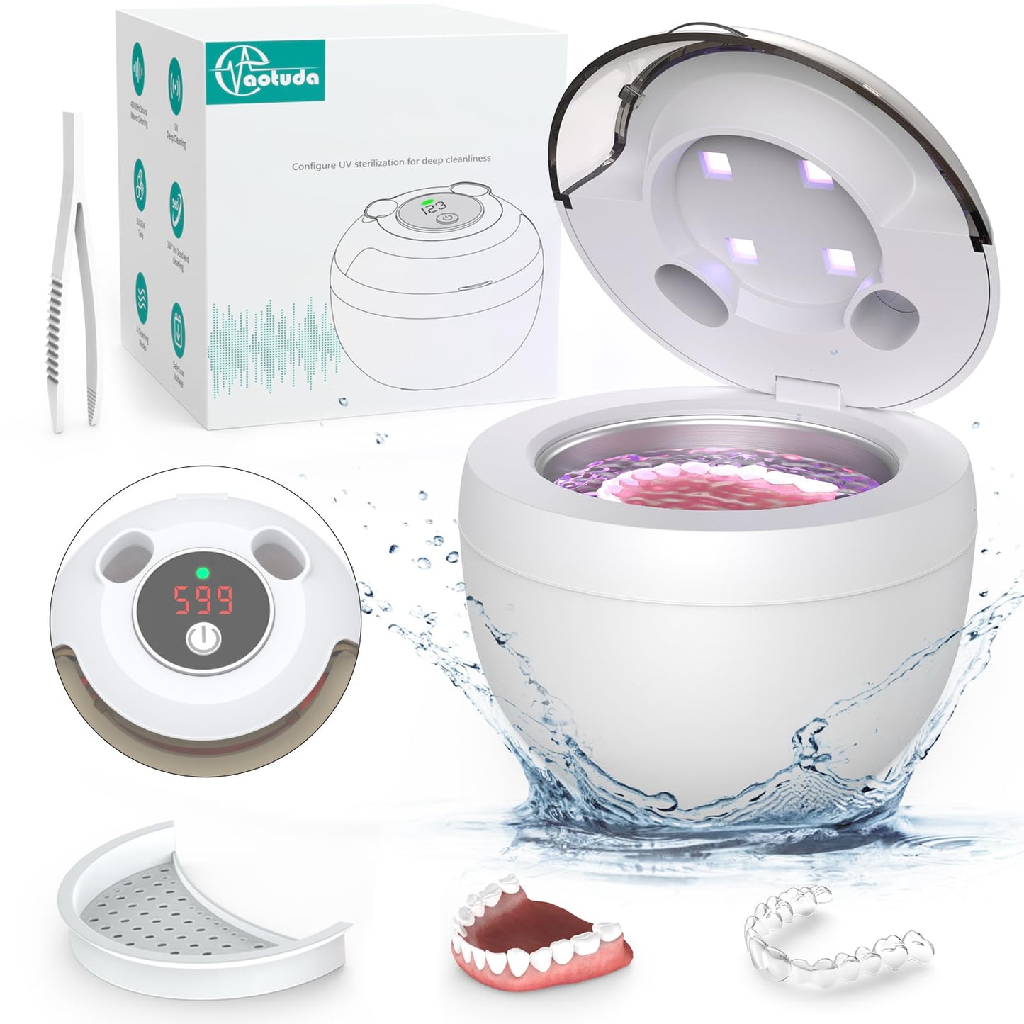 Aotuda 45kHz Ultrasonic Retainer Cleaner – 200ml, 4 Modes, Digital Timer, White