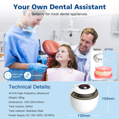 Aotuda 45kHz Ultrasonic Retainer Cleaner – 200ml, 4 Modes, Digital Timer, White