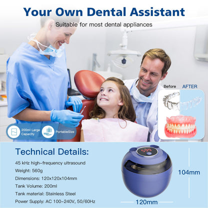 Aotuda 45kHz Ultrasonic Retainer Cleaner - 200ML Denture Cleaner, 4 Modes with Digital Timer (Navy Blue)