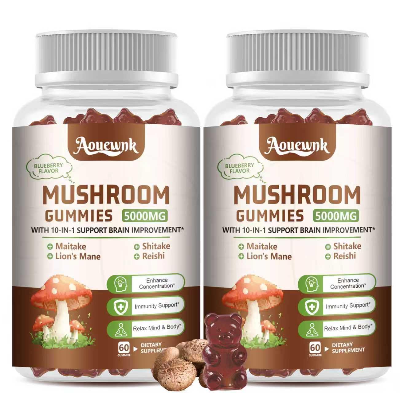 Aouewnk 2-Pack 5000MG Mushroom Gummies – 10-in-1 Brain & Immune Support