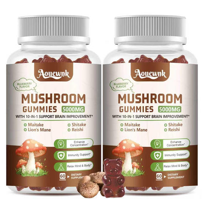Aouewnk 2-Pack 5000MG Mushroom Gummies – 10-in-1 Brain & Immune Support