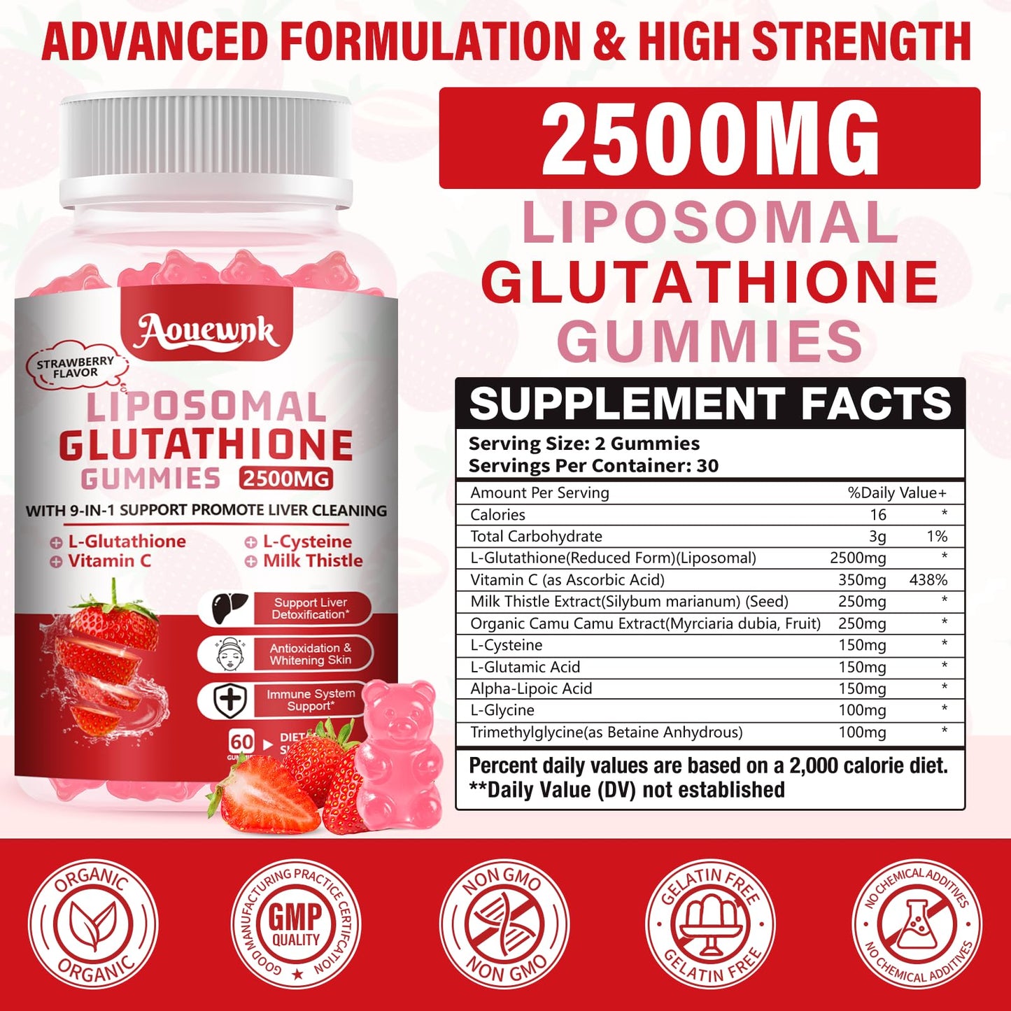 Aouewnk 2500mg Liposomal Glutathione Gummies – 98% Bioavailability, Skin & Liver Support, Immunity