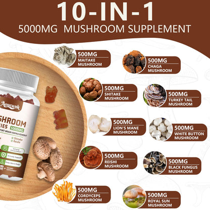 Aouewnk 2-Pack 5000MG Mushroom Gummies – 10-in-1 Brain & Immune Support