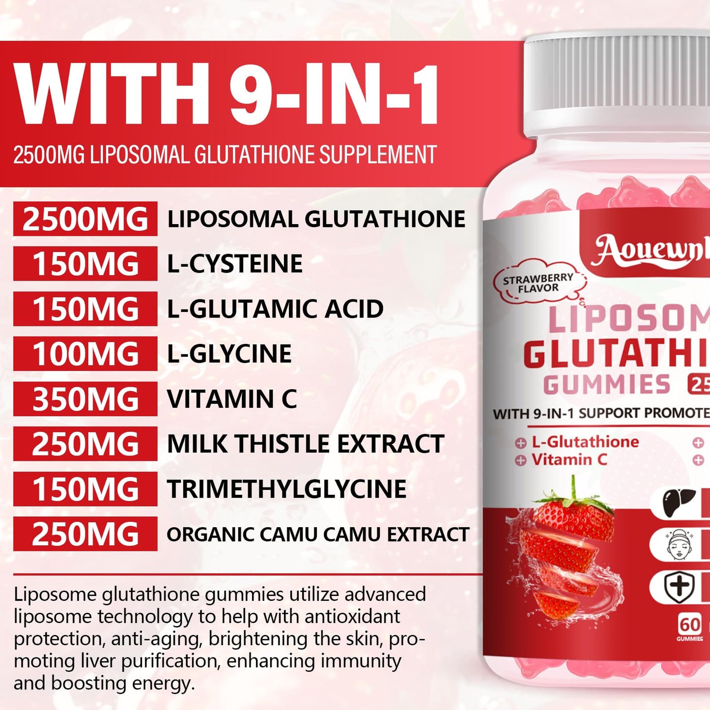 Aouewnk 2500mg Liposomal Glutathione Gummies – 98% Bioavailability, Skin & Liver Support, Immunity