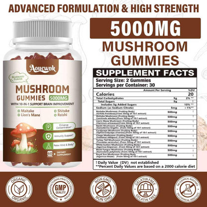 Aouewnk 2-Pack 5000MG Mushroom Gummies – 10-in-1 Brain & Immune Support