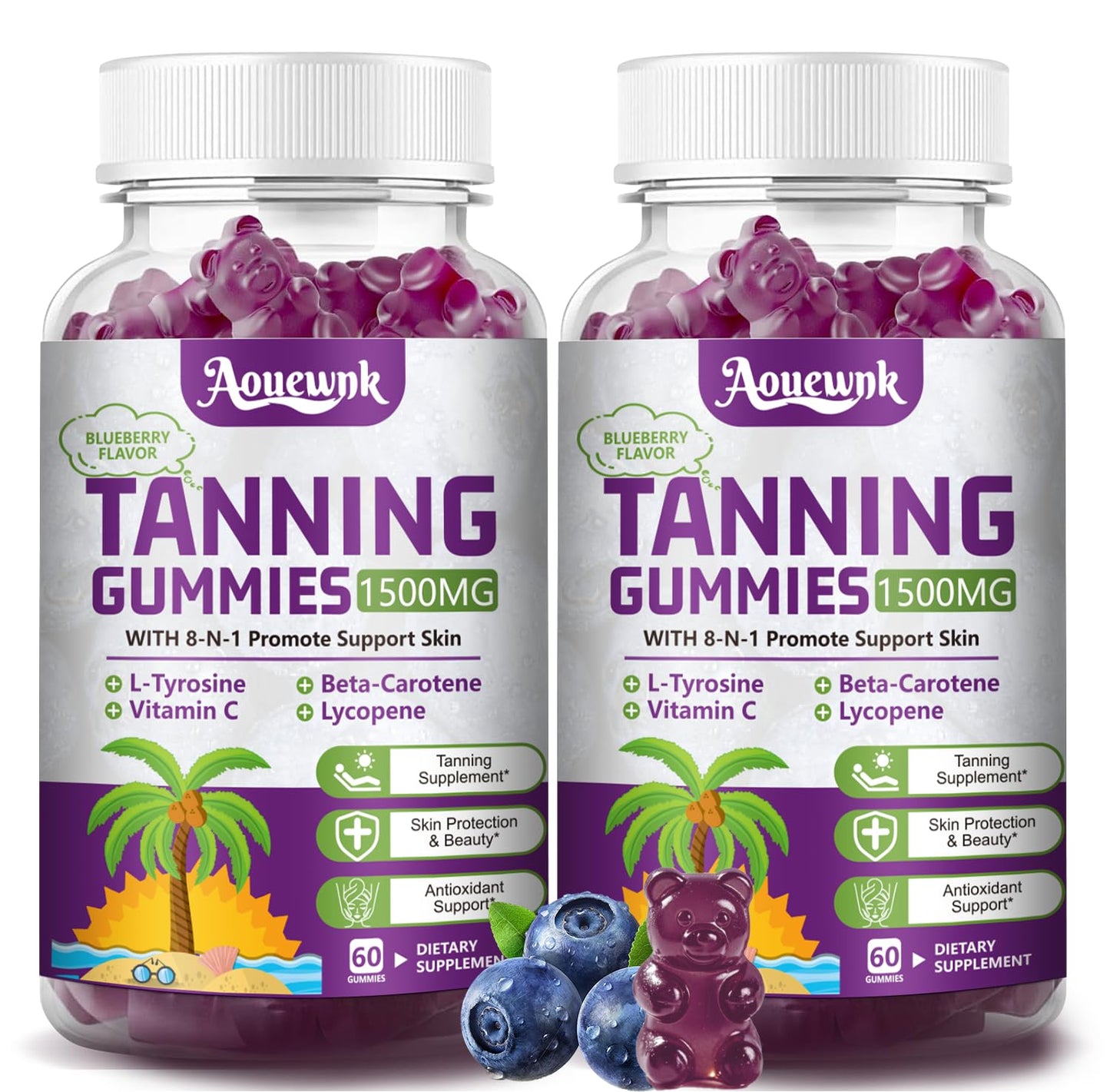 2 Packs 1500MG Tanning Gummies – Daily Tanning Supplement for Adults (Women & Men) | Aouewnk