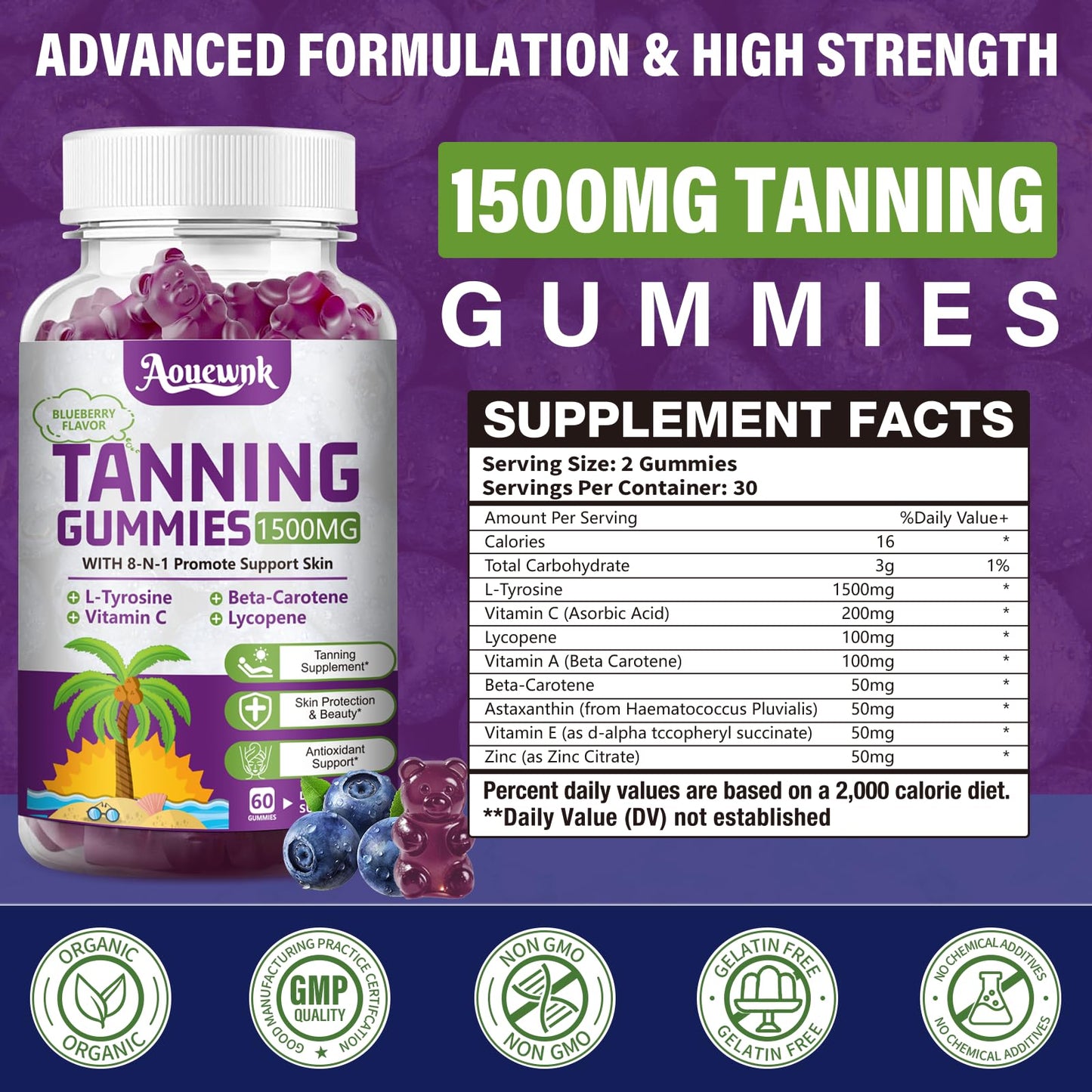 2 Packs 1500MG Tanning Gummies – Daily Tanning Supplement for Adults (Women & Men) | Aouewnk