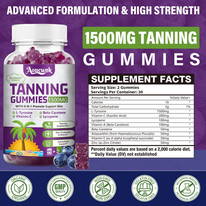 2 Packs 1500MG Tanning Gummies – Daily Tanning Supplement for Adults (Women & Men) | Aouewnk