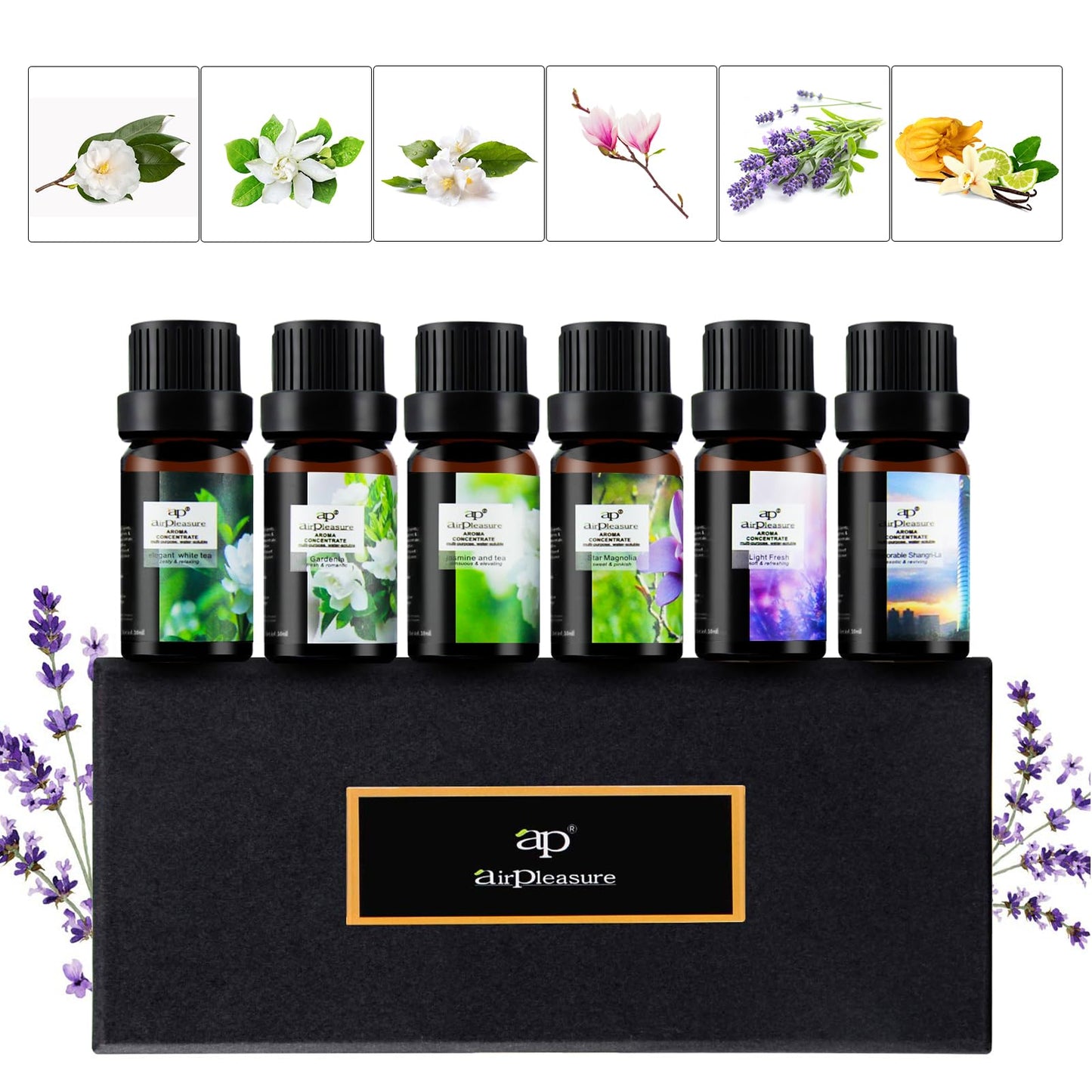 ap airpleasure Flower Essential Oils Set (6x10ml) – Gardenia, Magnolia, Shangri-La, Jasmine, White Tea, Lavender