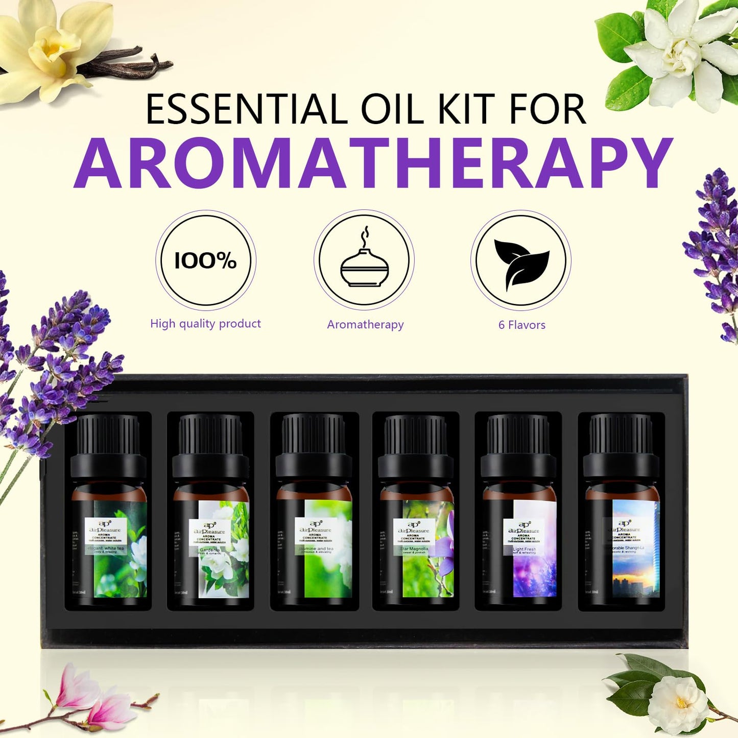 ap airpleasure Flower Essential Oils Set (6x10ml) – Gardenia, Magnolia, Shangri-La, Jasmine, White Tea, Lavender