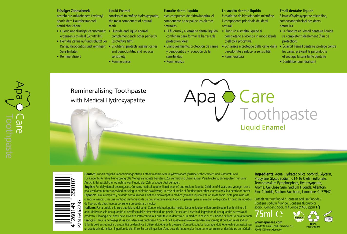 ApaCare Toothpaste with Fluoride and Hydroxyapatite for Enamel Repair - Sensitive Teeth | 3 x 75 ml