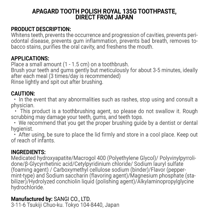 Apagard Tooth Polish Royal 135g Toothpaste – Direct from Japan