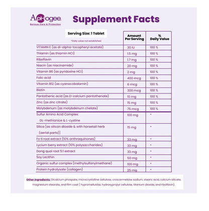 ApHogee Vitamin Hair Supplement - Healthy Hair, 30 Tablets