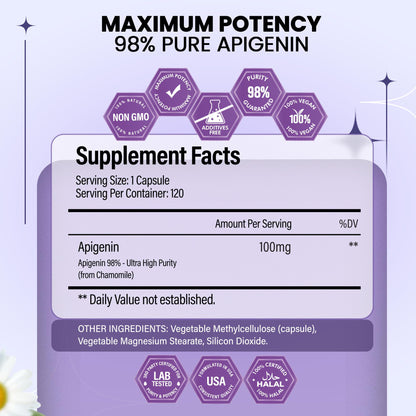 Apigenin 100mg Chamomile Extract – 120 Count, 98% Purity | Sleep, Mood, Cognition & Prostate Health