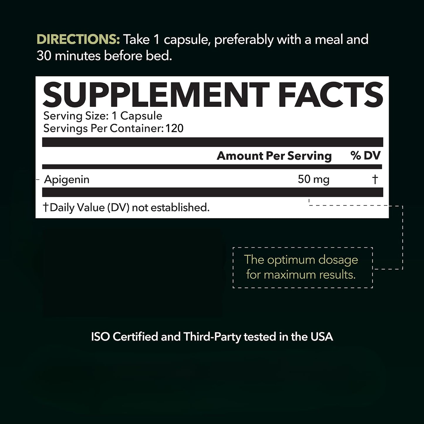 Apigenin Capsules 50mg - 120 Count | Vegan, Non-GMO, Sleep & Cognitive Support