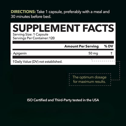 Apigenin Capsules 50mg - 120 Count | Vegan, Non-GMO, Sleep & Cognitive Support