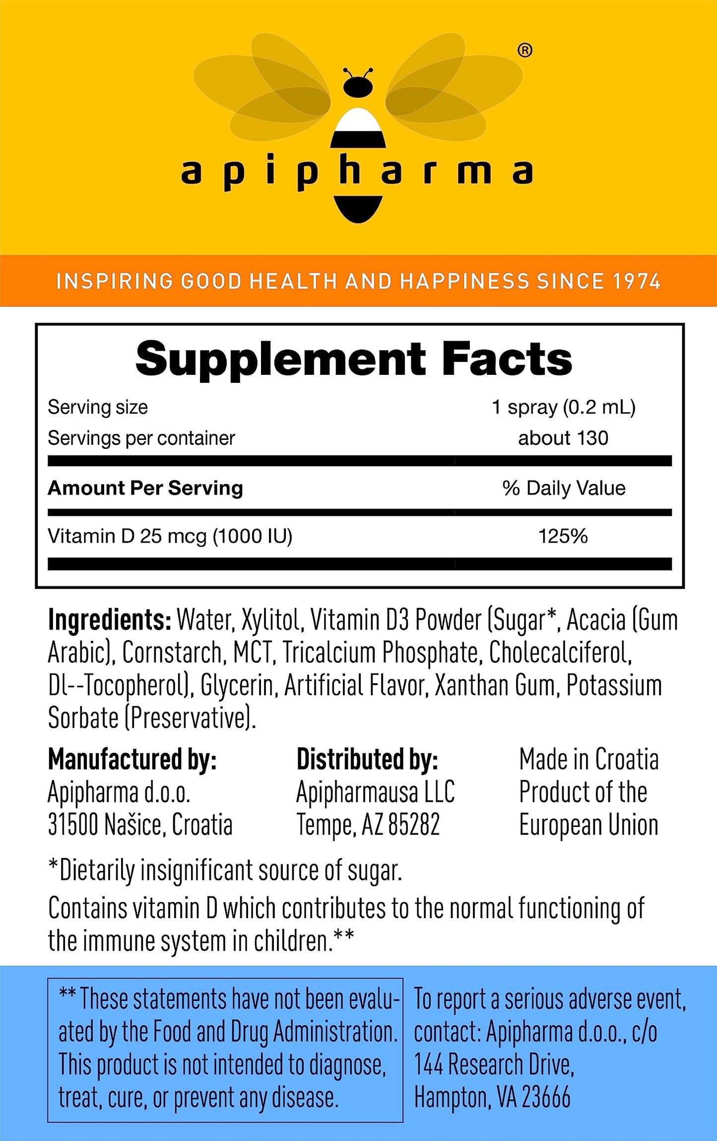 Apipharma Children's Vitamin D3 Spray - Easy D3 for Kids, Immune Support (130 Sprays)