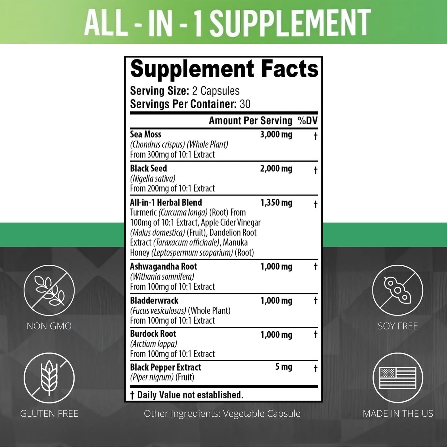 Sea Moss Black Seed Oil Ashwagandha Turmeric Burdock Root | All-in-One Sea Moss Capsules - 60 Count
