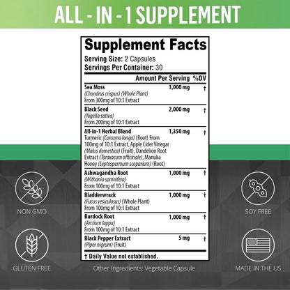 Sea Moss Black Seed Oil Ashwagandha Turmeric Burdock Root | All-in-One Sea Moss Capsules - 60 Count