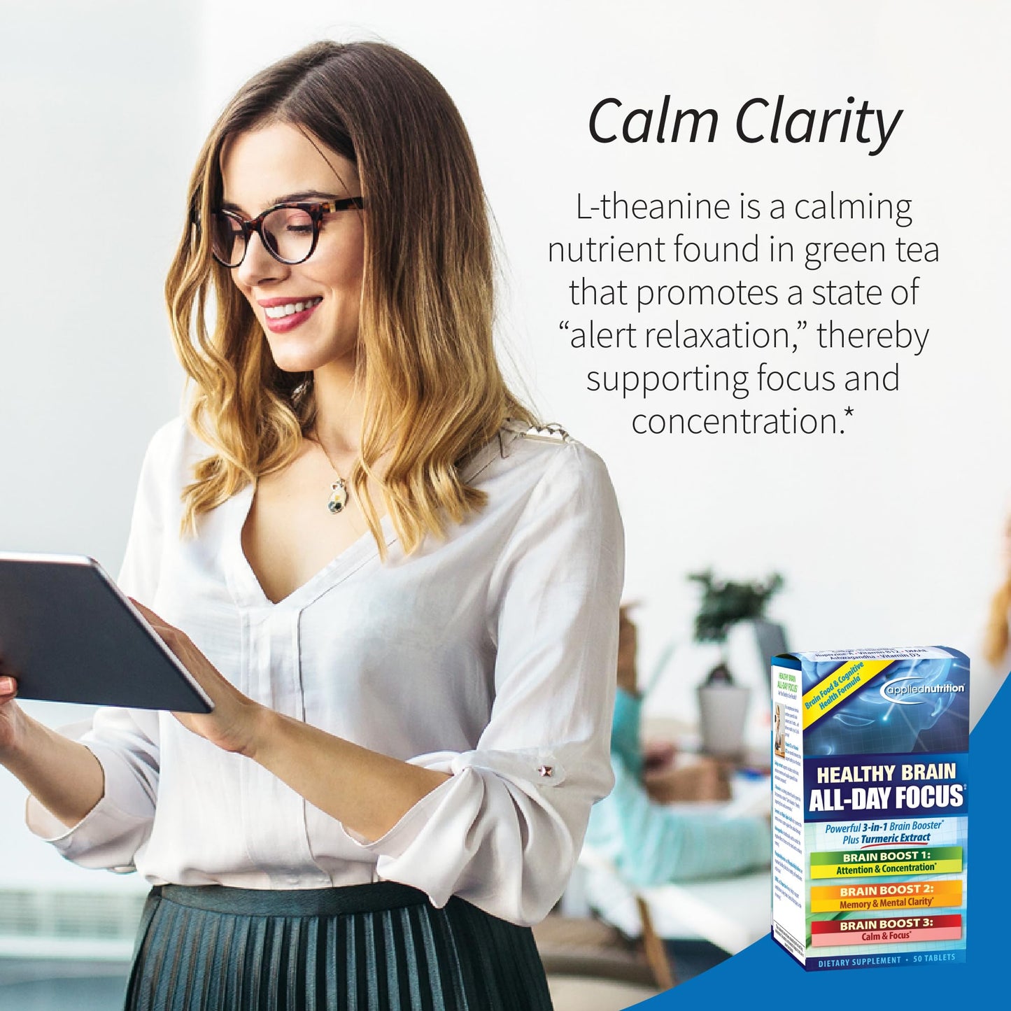 Applied Nutrition Healthy Brain All-Day Focus – 50 Tablets Pack of 2 | 3-in-1 Brain Booster with Turmeric