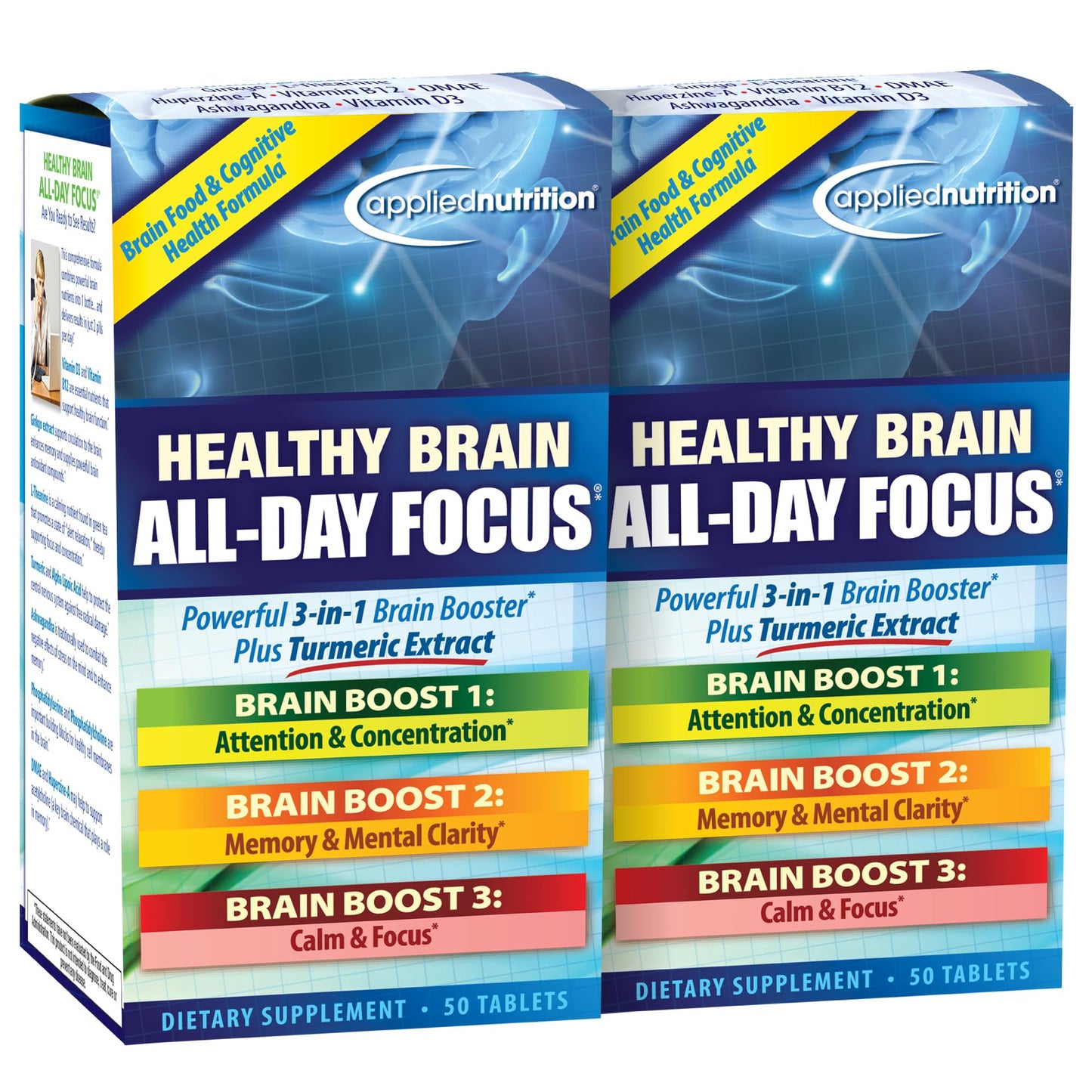 Applied Nutrition Healthy Brain All-Day Focus – 50 Tablets Pack of 2 | 3-in-1 Brain Booster with Turmeric