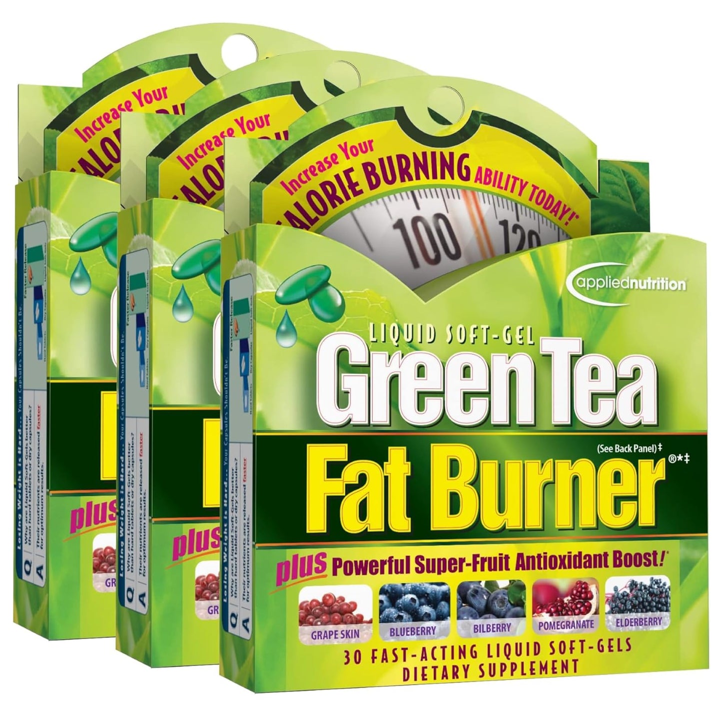 Applied Nutrition Green Tea Fat Burner – 3 Pack (30 Liquid Soft-Gels) – Increases Calorie Burning & Powerful Antioxidants – 45 Servings