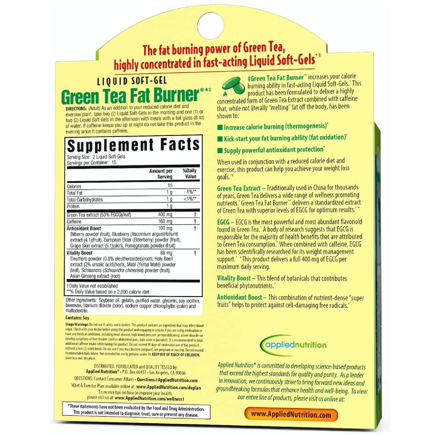 Applied Nutrition Green Tea Fat Burner – 3 Pack (30 Liquid Soft-Gels) – Increases Calorie Burning & Powerful Antioxidants – 45 Servings