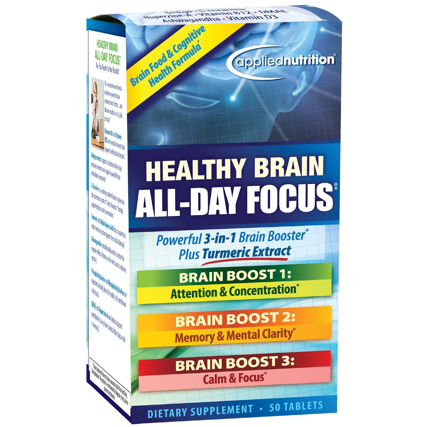 Applied Nutrition Healthy Brain All-Day Focus - 50 Tablets - 3-in-1 Brain Booster with Turmeric