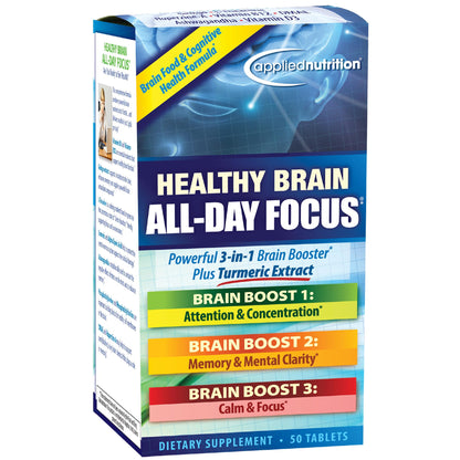 Applied Nutrition Healthy Brain All-Day Focus - 50 Tablets - 3-in-1 Brain Booster with Turmeric
